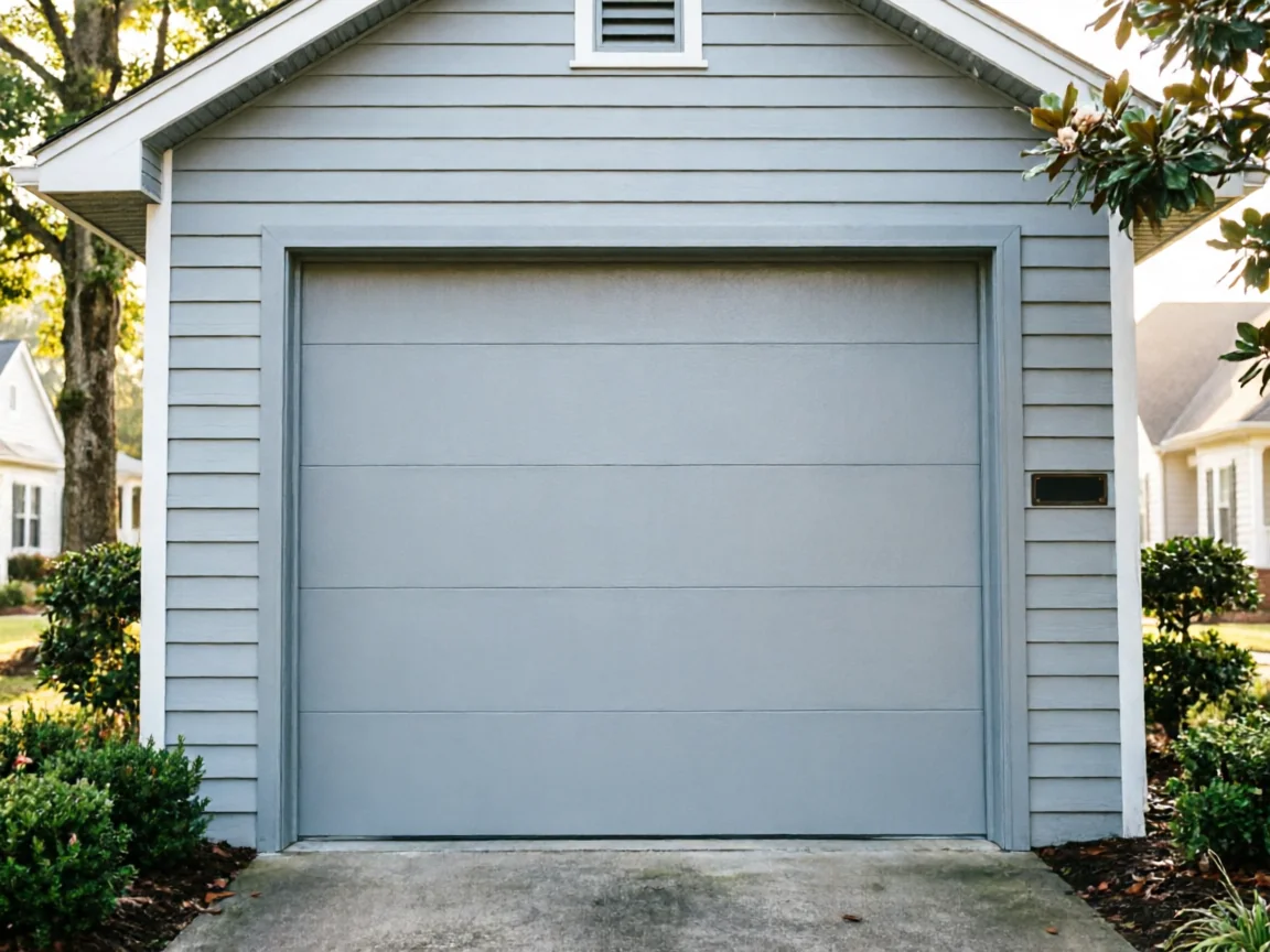 The gray garage door is closed on a light blue house with green bushes.