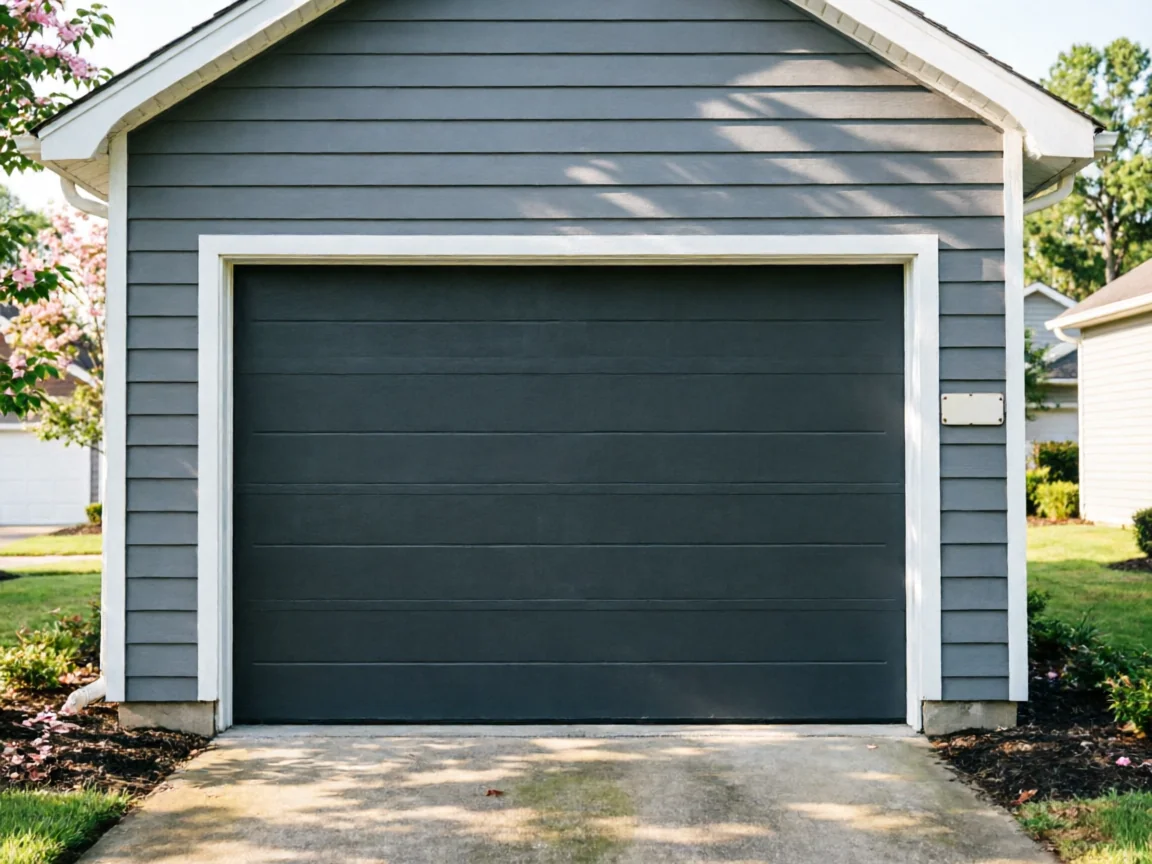A dark gray garage door is centered on a house with gray siding.